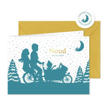 Winters geboortekaartje jongen met 2 broertjes in bakfiets 